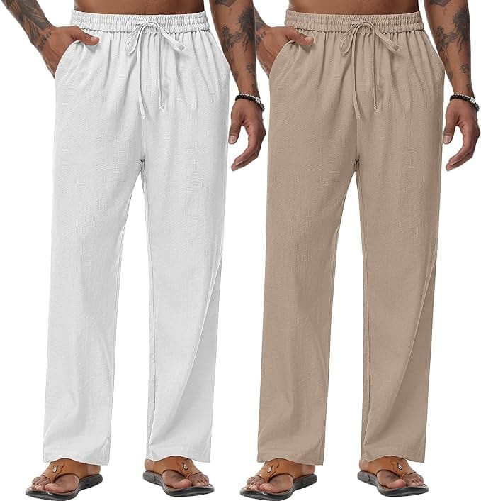 Pack de 2 pantalones de lino para hombre, pantalones casuales